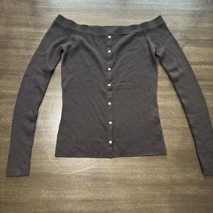FRAME Denim Off Shoulder Ribbed Sweater Black Wool Blend Fitted Knit Size M